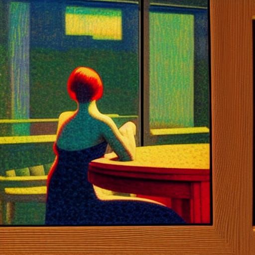 Edward Hopper Inspired Glitchcore Woodcut of Longing