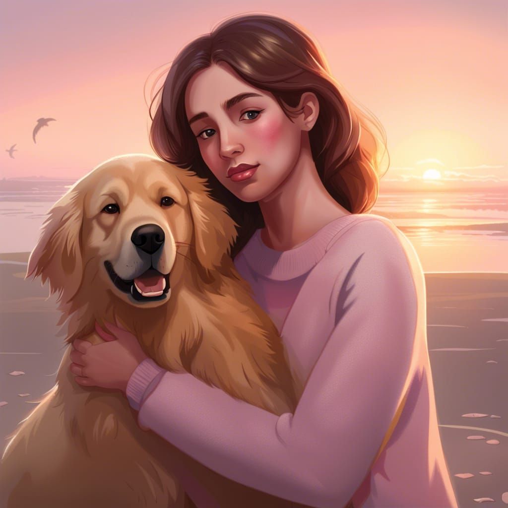 Girl and Dog Portrait at Sunrise in Hyperdetailed Style