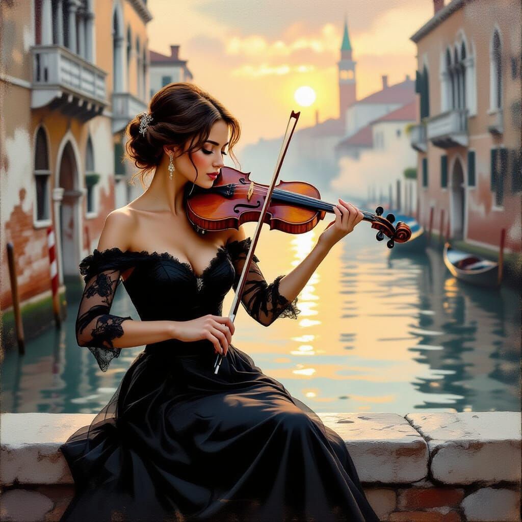 Woman Playing Violin by Venetian Canal in Thick Impasto Styl...