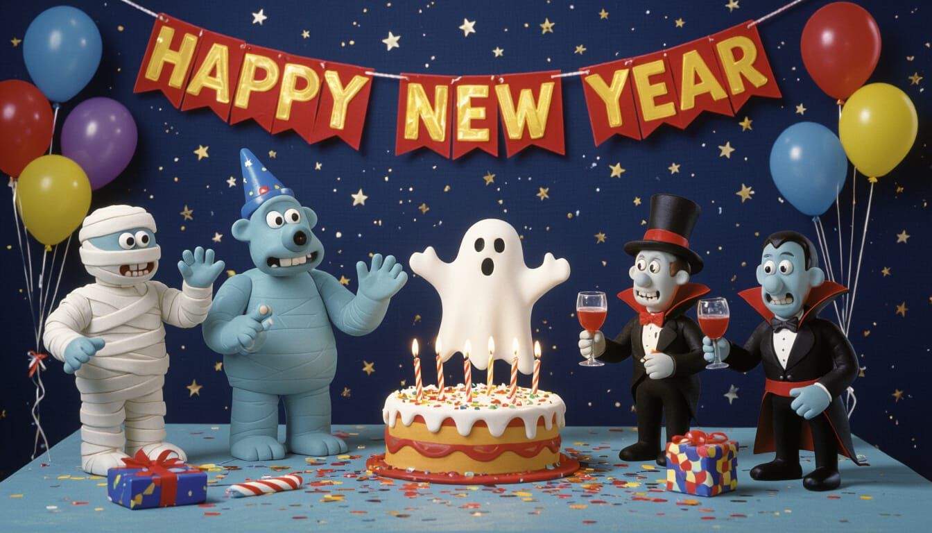 Claymation Monsters Celebrate New Year's Eve Party