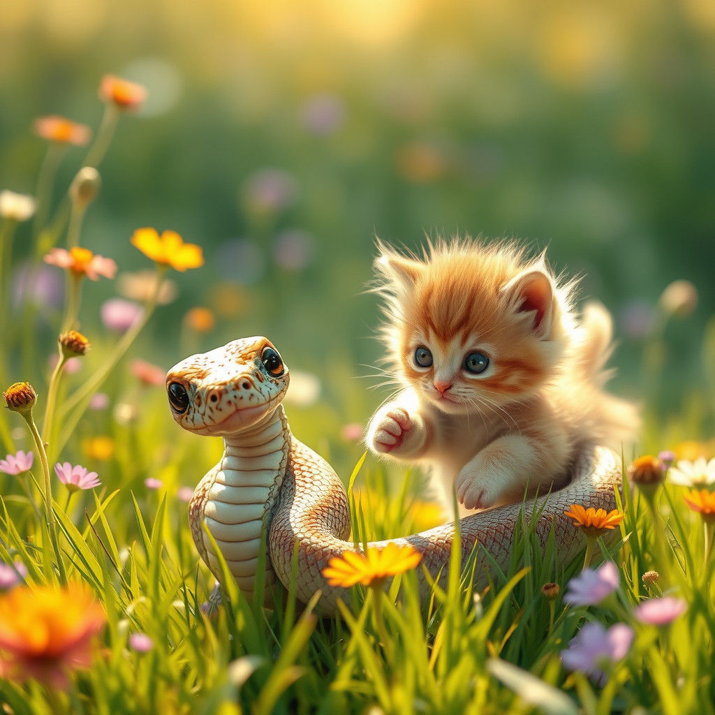 Cute Kitten and Snake Play in Sunny Meadow