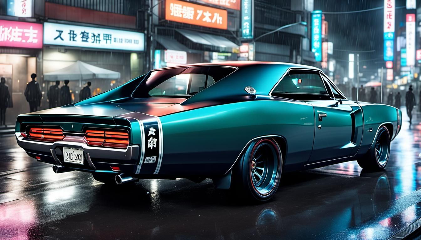 Cyberpunk Dodge Charger in Tokyo, Anime Style