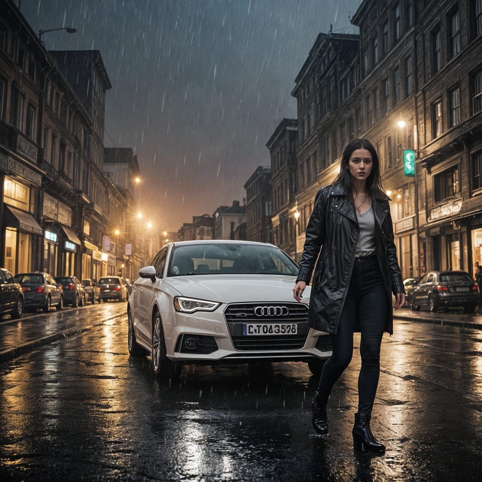 Woman Exits Car on Rainy Night