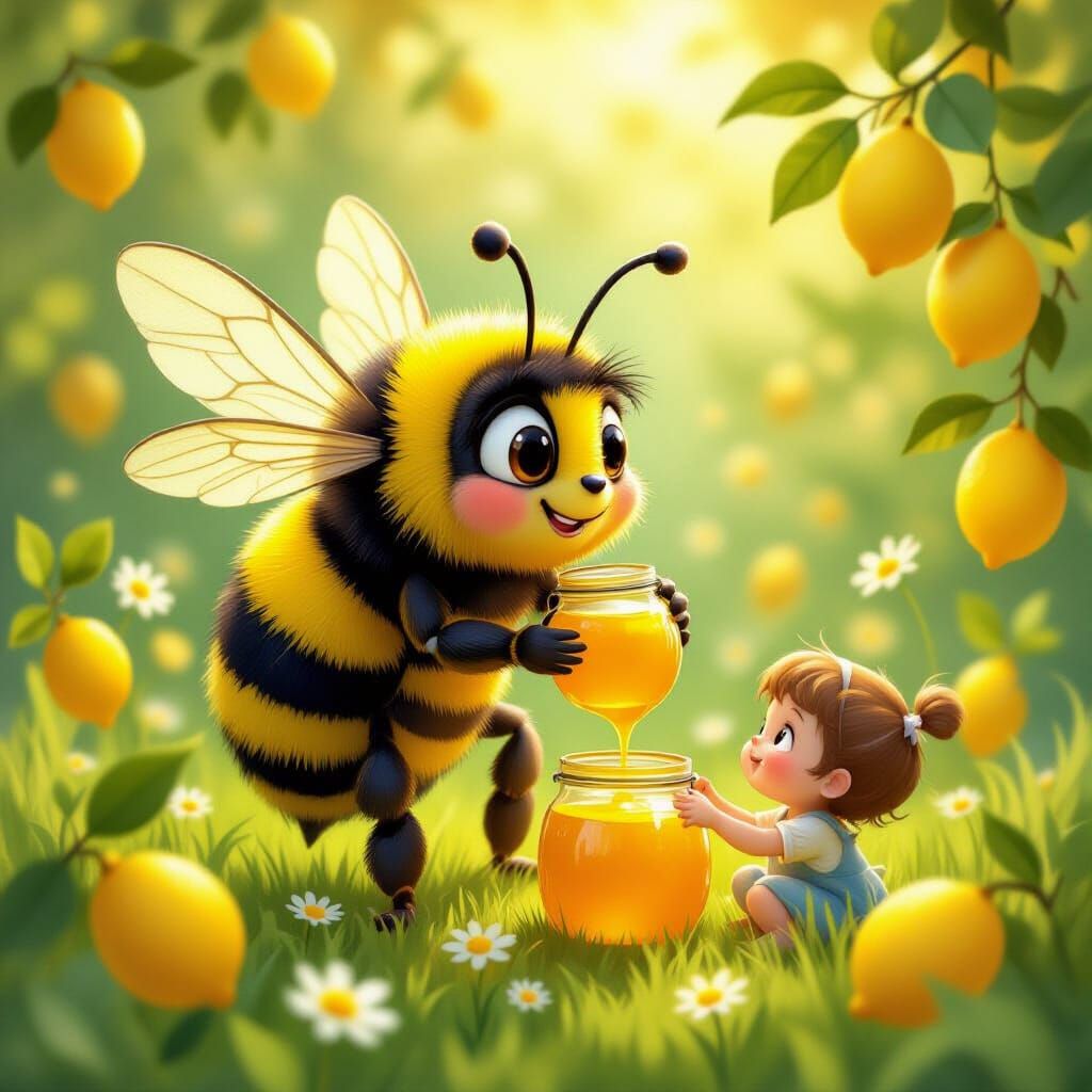 Bumblebee-Lemon Creature Shares Honey and Lemonade