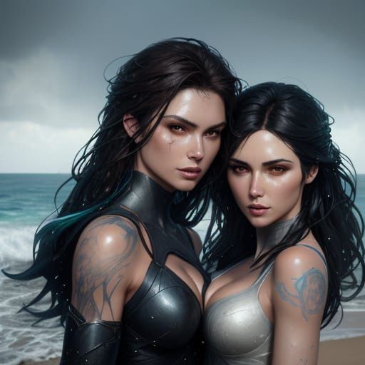 Man and Two Women on Beach, Dynamic Lighting Splash Art