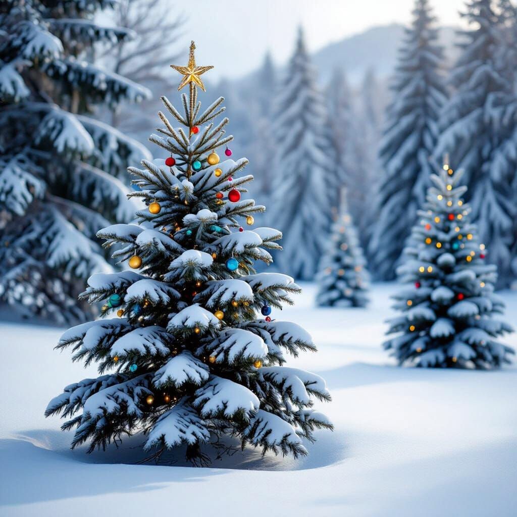 Festive Christmas Trees Covered in Fresh Snow
