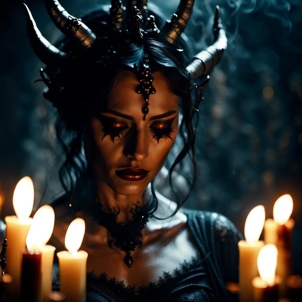 Sorrowful Demon Goddess in a Dark Fantasy Scene