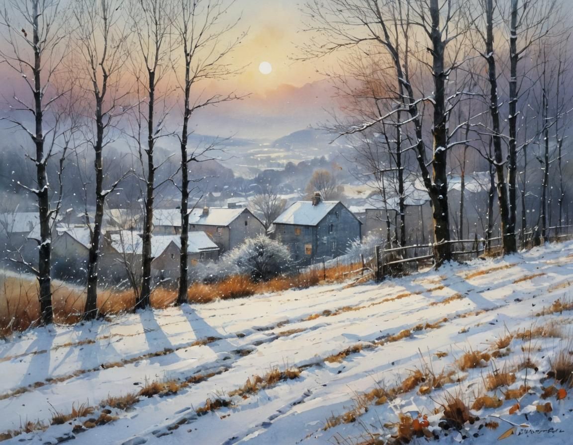 Whispers of Winter on a Faded Autumn Landscape in Intricate...