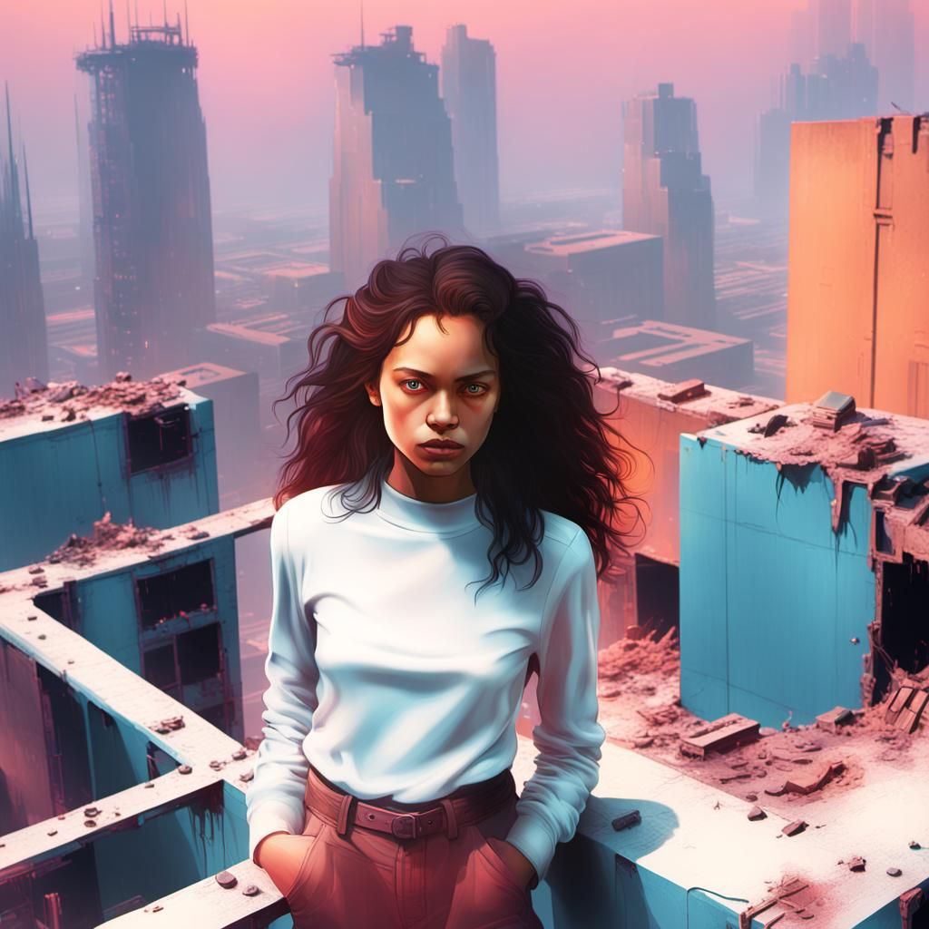Dystopian Survivor in Ruined Cityscape: Digital Matte Painti...