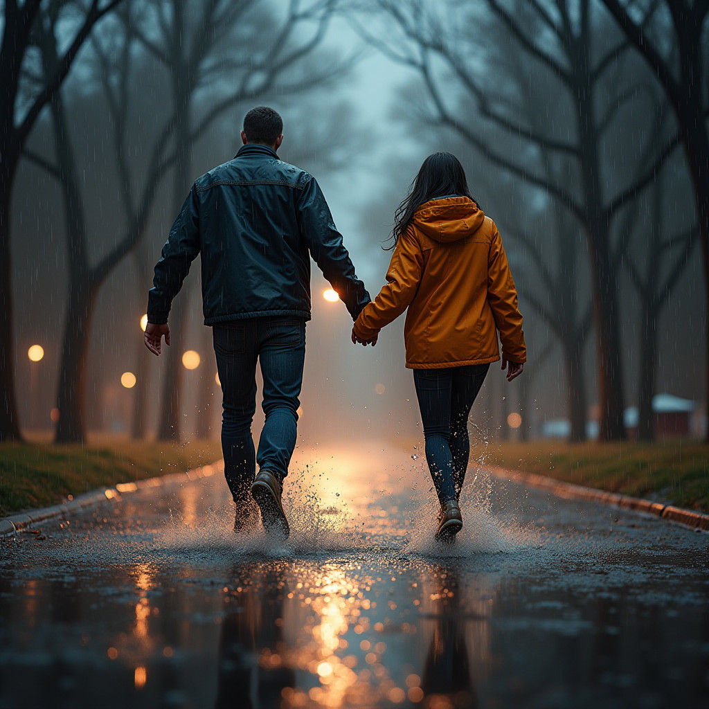 Romantic Couple Splashing in Rainy Central Park Night