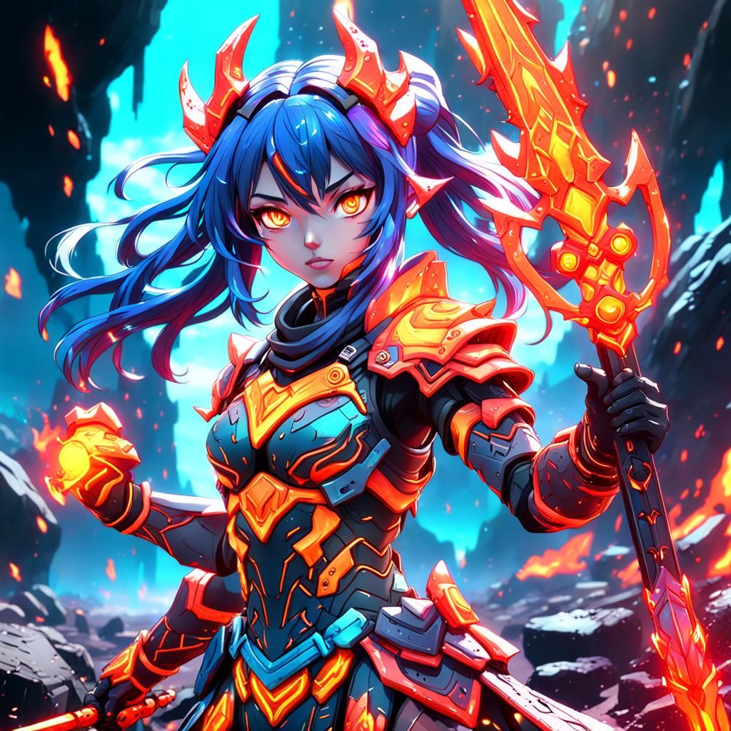Neon Lava Warrior Anime Girl: Detailed Matte Painting