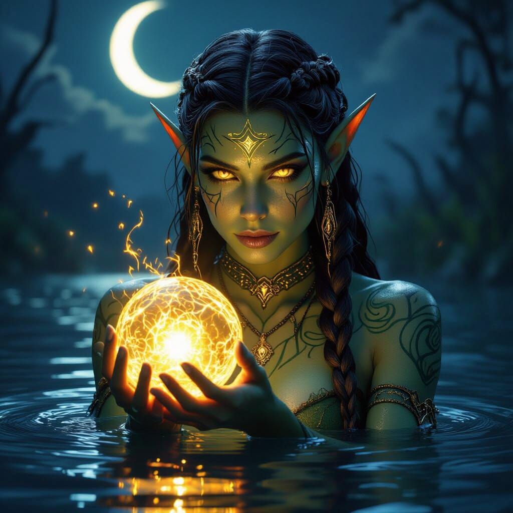 Mystical Elf Sorceress with Golden Orb in Enchanted Lake