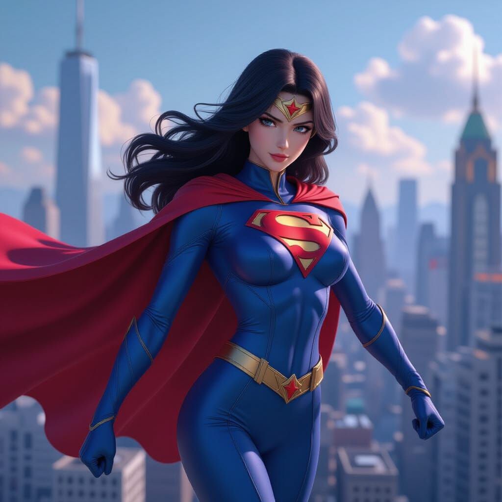 Dynamic Superwoman in Vibrant Anime Cityscape