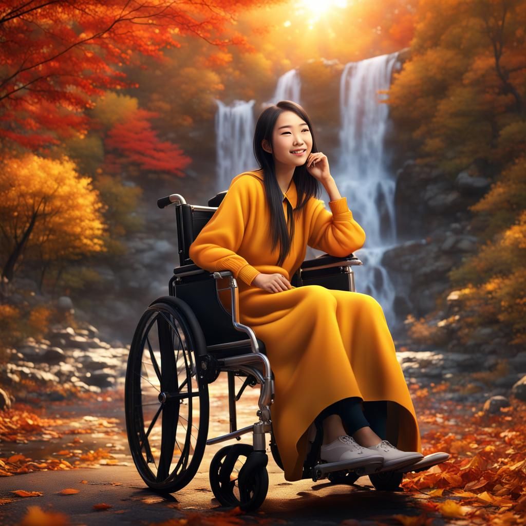 Happy Girl in Wheelchair: Autumn Woods Sunset