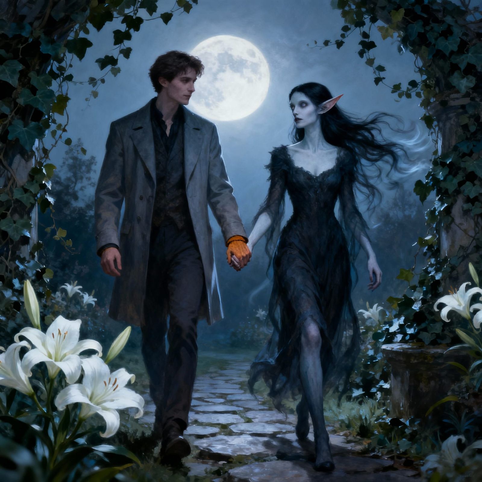 Human and Ghoul Embrace in Moonlit Garden