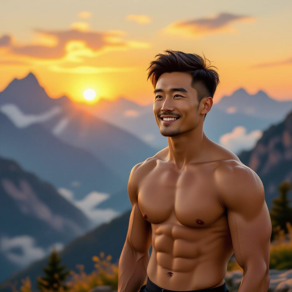 Shirtless Man Surveys Mountain Landscape at Dawn
