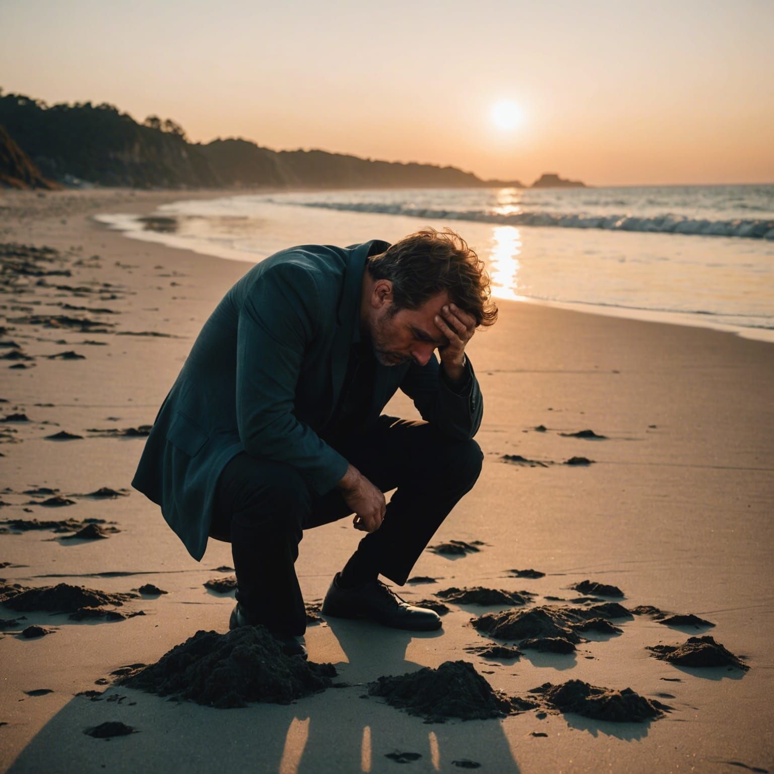 Man Contemplates Sunset on Beach