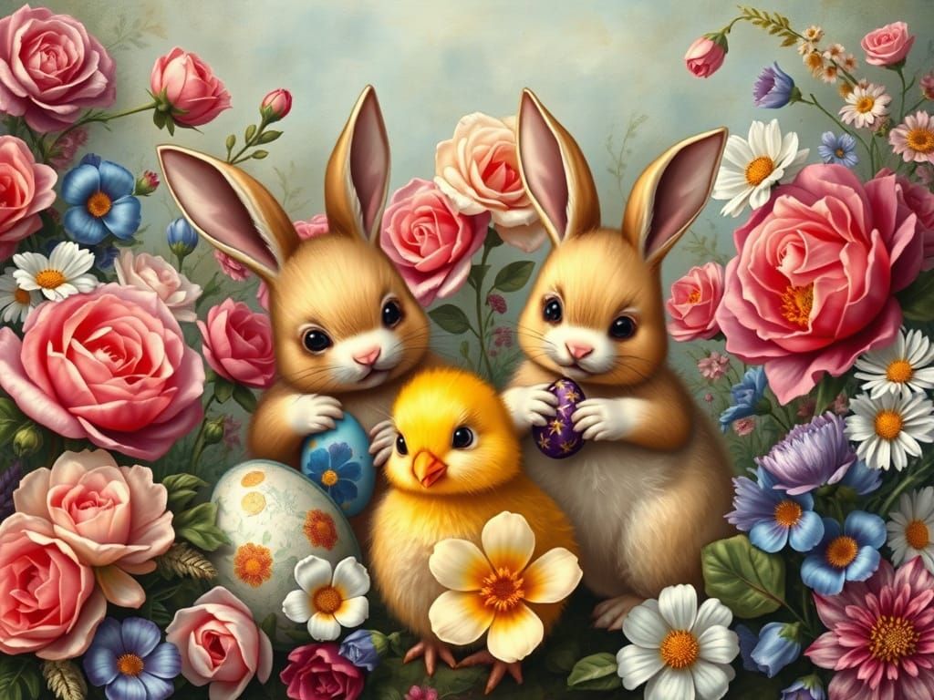 Whimsical Bunnies Paint Easter Eggs in Renaissance Style
