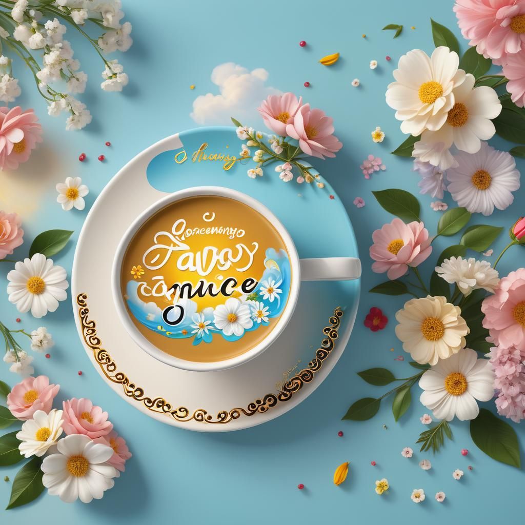 Modern Logo on Coffee Cup with Flowers in 3D