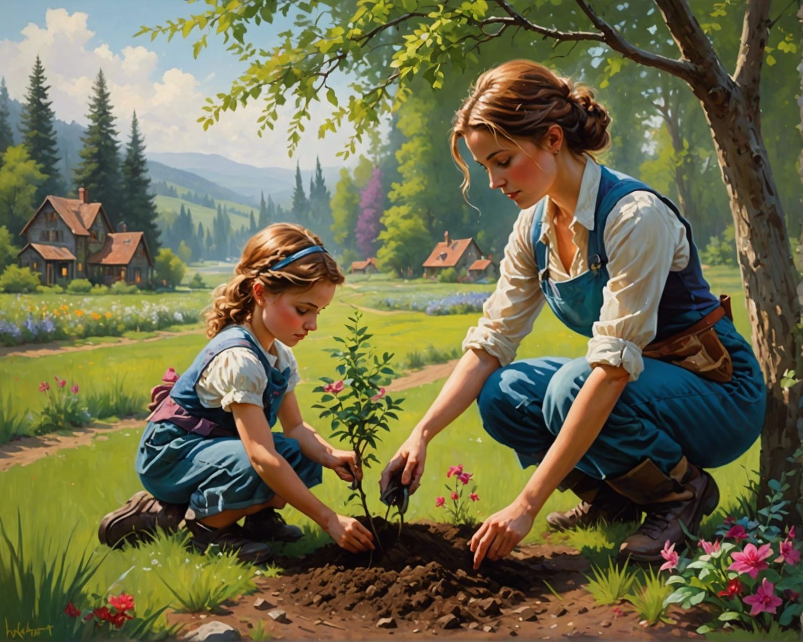 Woman Replanting a Tree in Lush Oil Painting