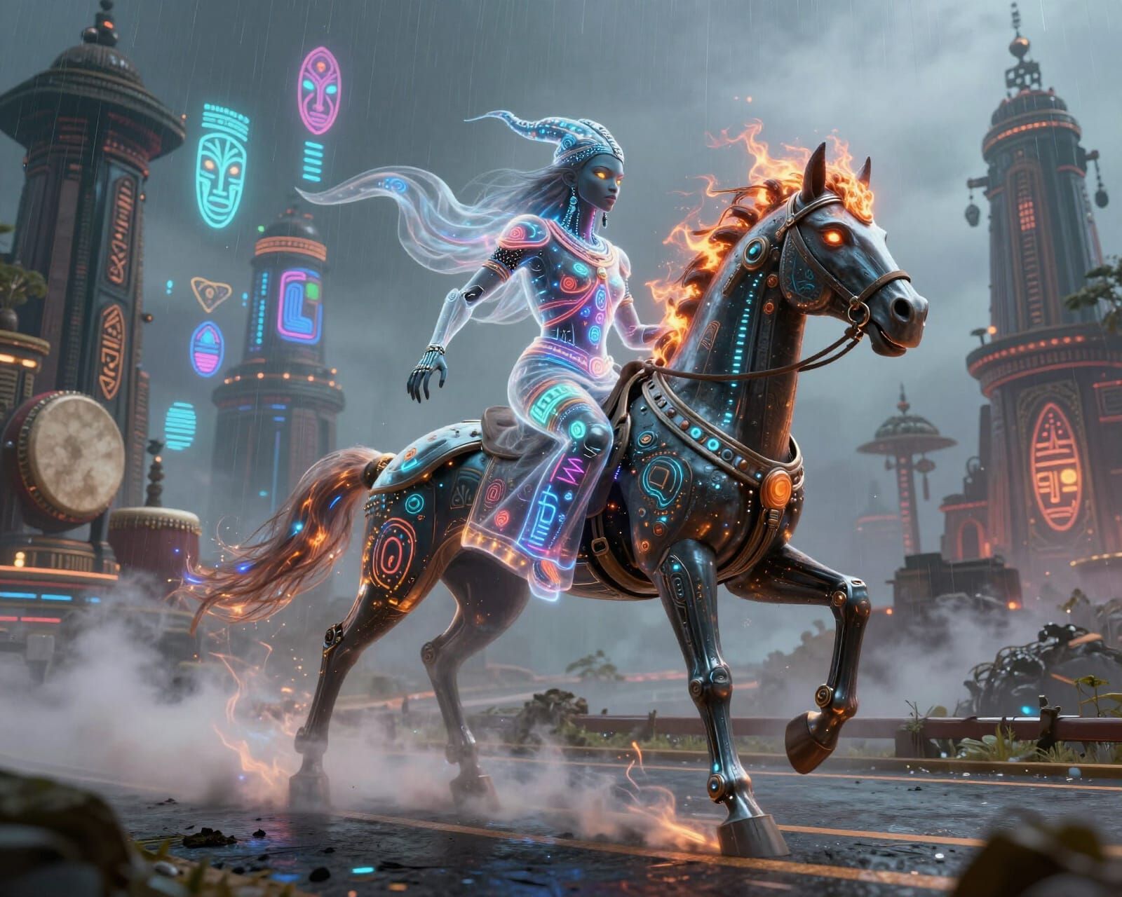 Afro-Futurist Ghost Spirit and Biomechanical Horse on Cyber ...