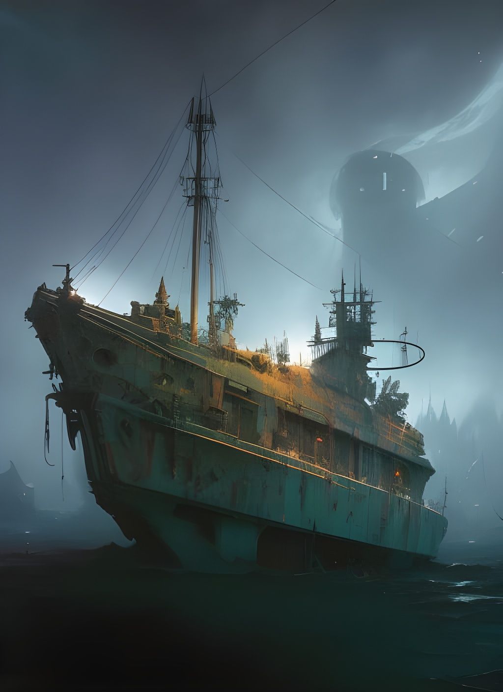 Hyper-Detailed Derelict Ship in Watercolor Style