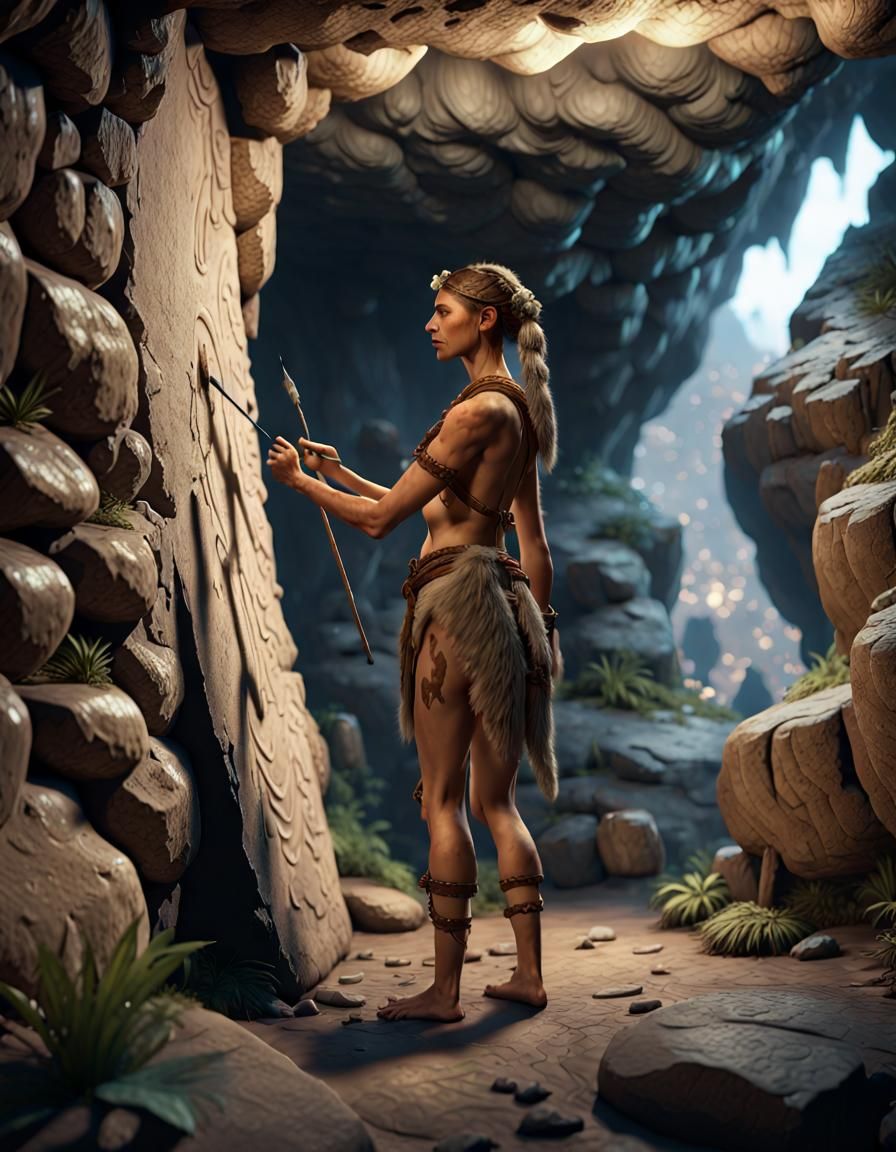 Stone Age Woman Paints Cave Wall: 3D Game Cinematic