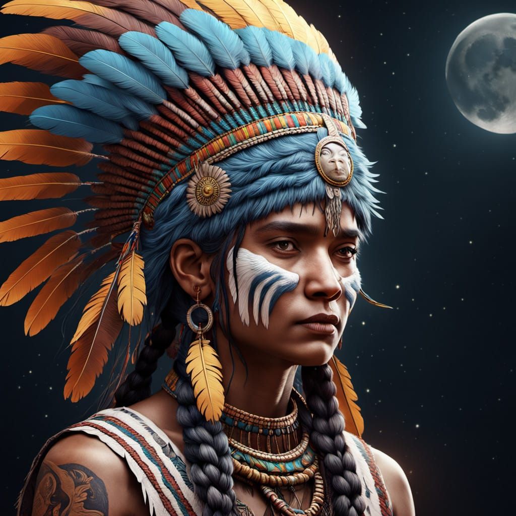 Fantastical Native American Chief with Celestial Eagle and M...