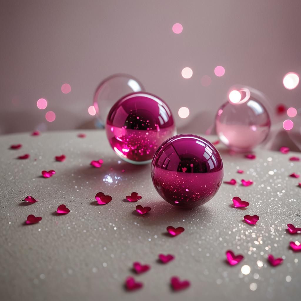 Mysterious Still Life: Orbs and Heart in Pink Fantasy