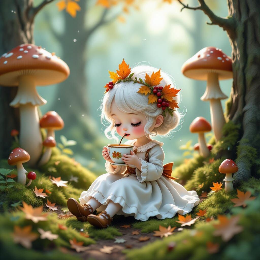 Whimsical Forest Girl Sips Tea in Charcoal Drawing Style