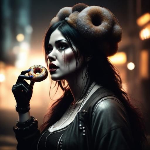 Crying Goth Woman Eating Doughnut: Cinematic Film Still