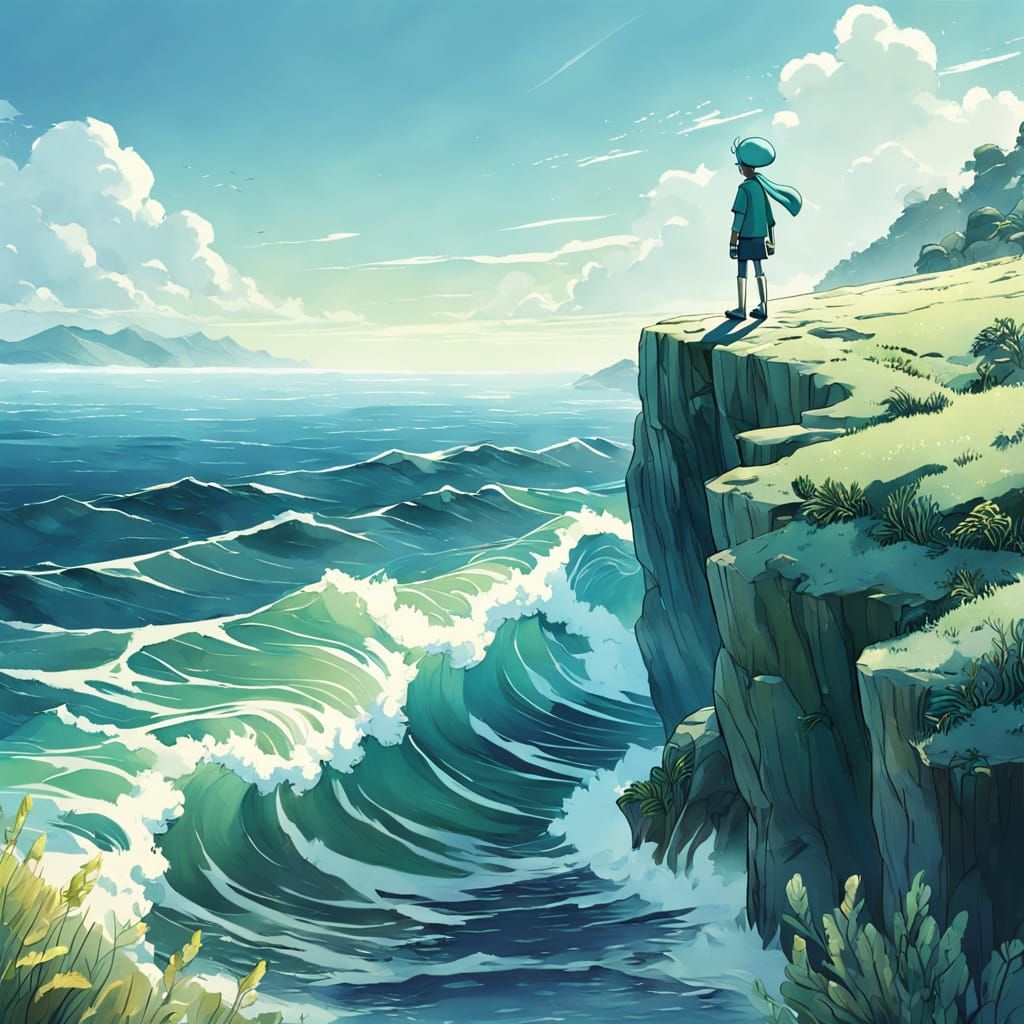 Squidward on a Seaside Cliff in Makoto Shinkai's Anime Style