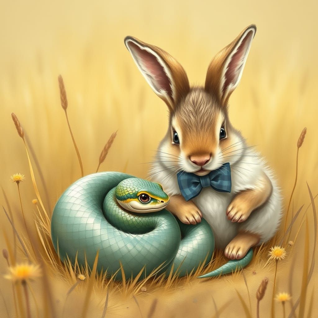 Adorable Snake and Bunny in Warm Meadow, Beatrix Potter Styl...