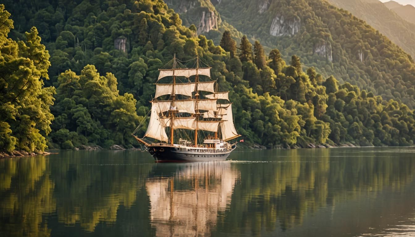 Serene River Scene with Ship, Panoramic Landscape