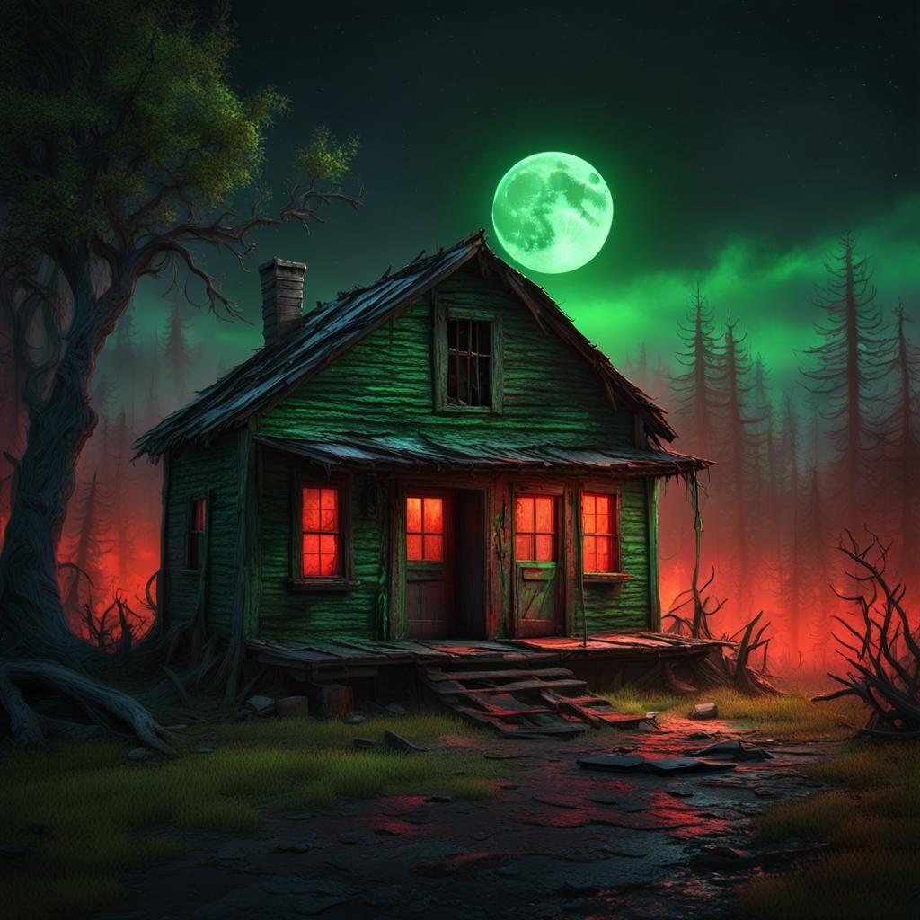 Eerie Shack with Green Windows in Red Fog