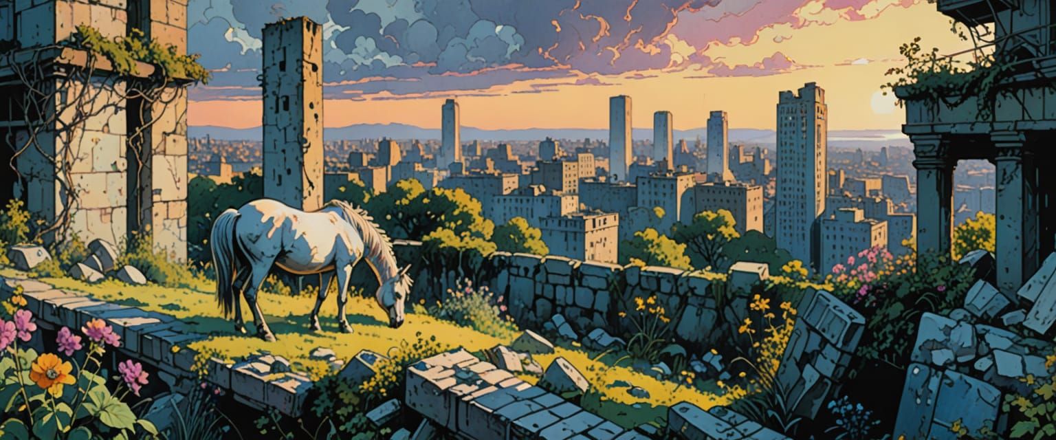 Wild Horses in Ruined City: Watercolor Comic Style