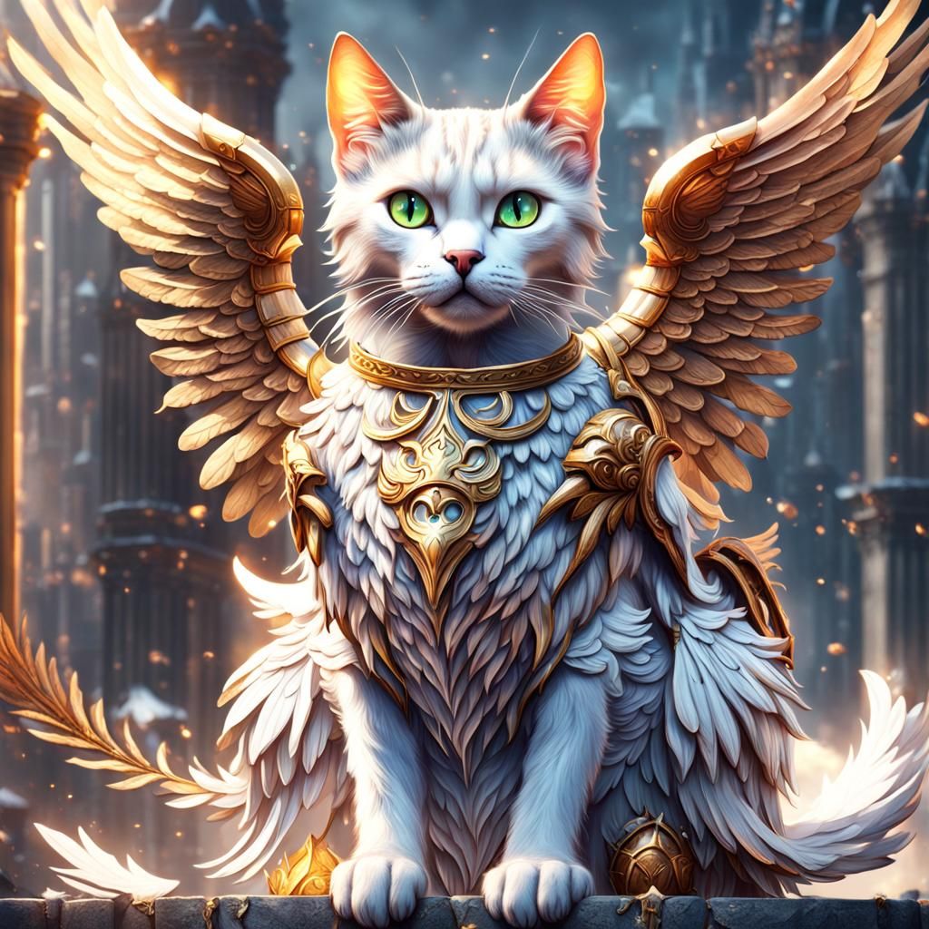 Winged Cat in Detailed Matte Painting Style