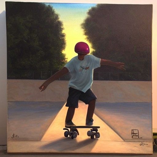 Skateboarder Sunset Oil Painting in Skatepark