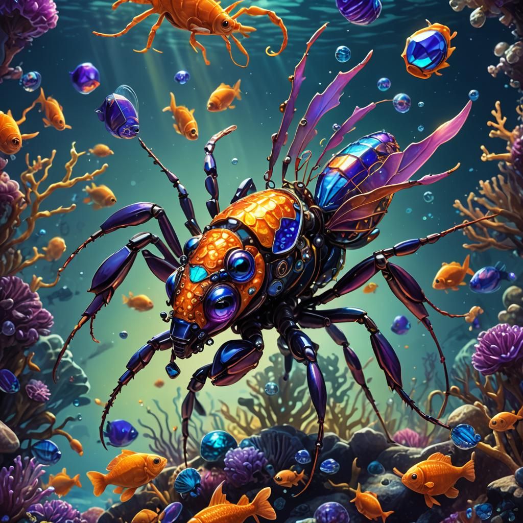 Diamond Robot Protects Hybrid Ant-Fish in Underwater Scene