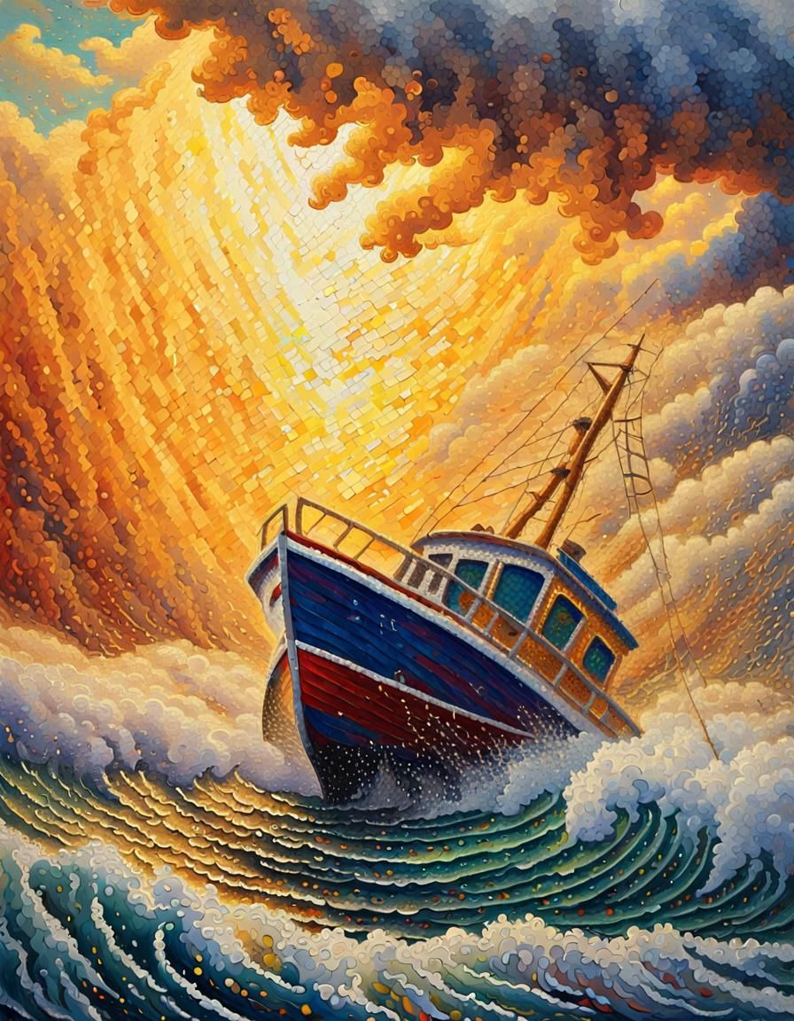 Pointillist Boat in Stormy Sea with Golden Light