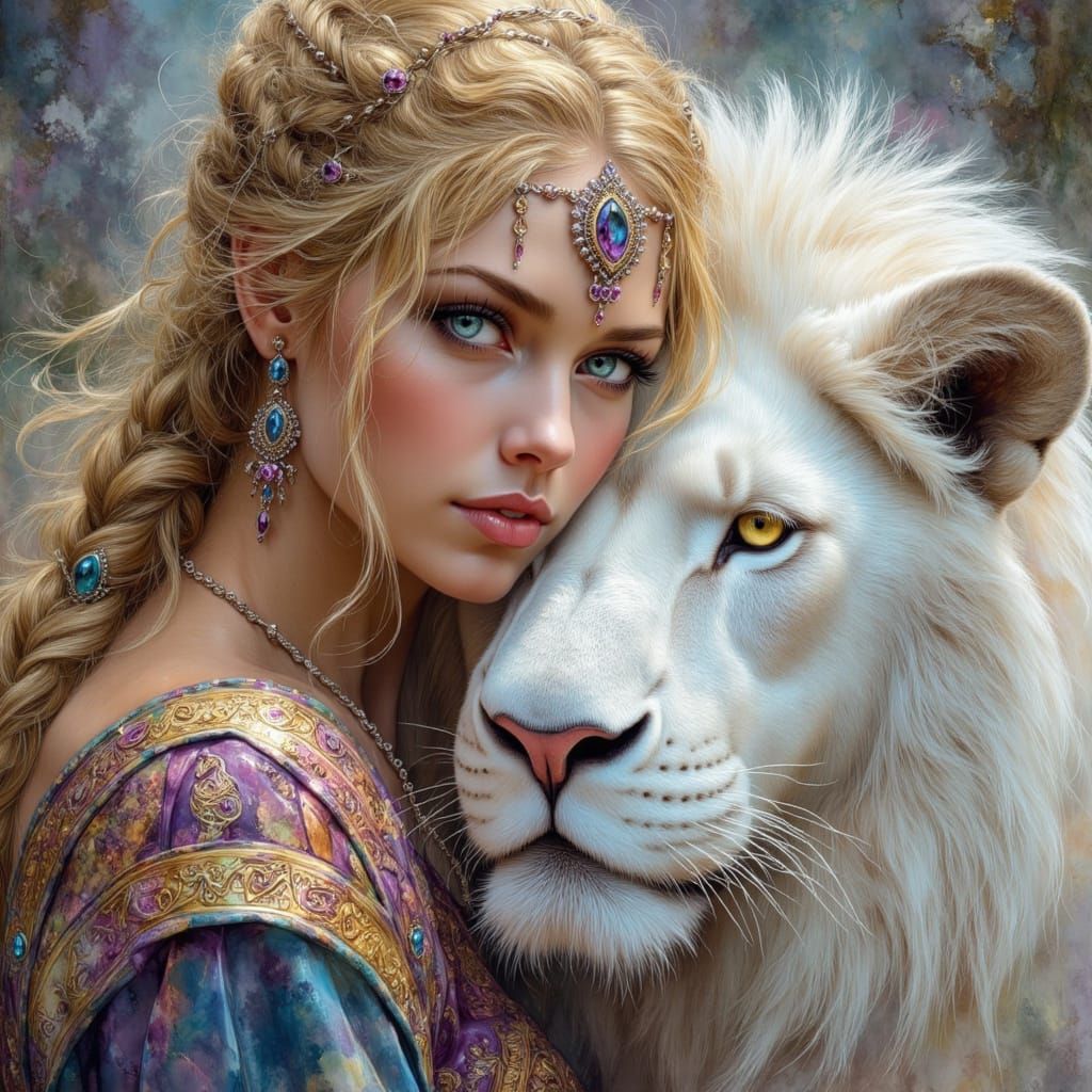 Nordic Princess with Lion in Oil Painting