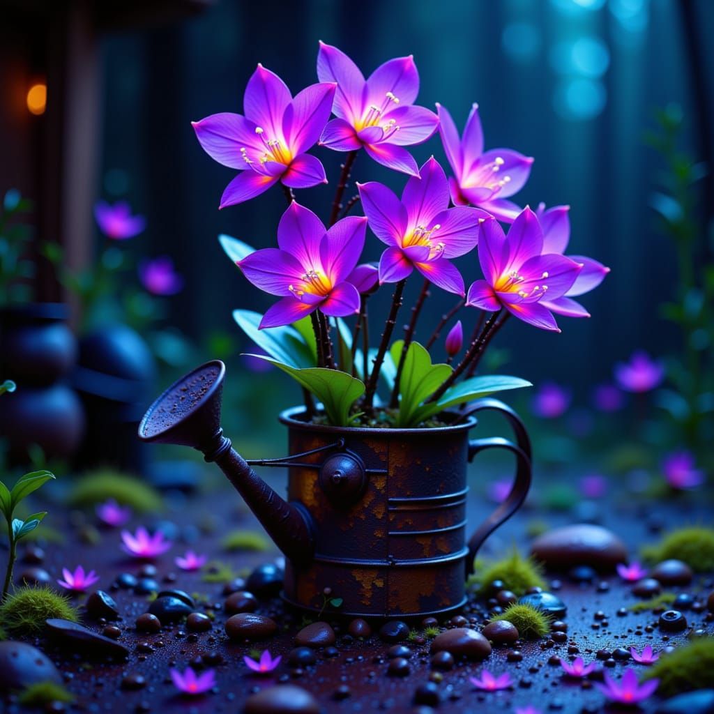 Bioluminescent Orchid in Watering Can, Surreal Digital Art
