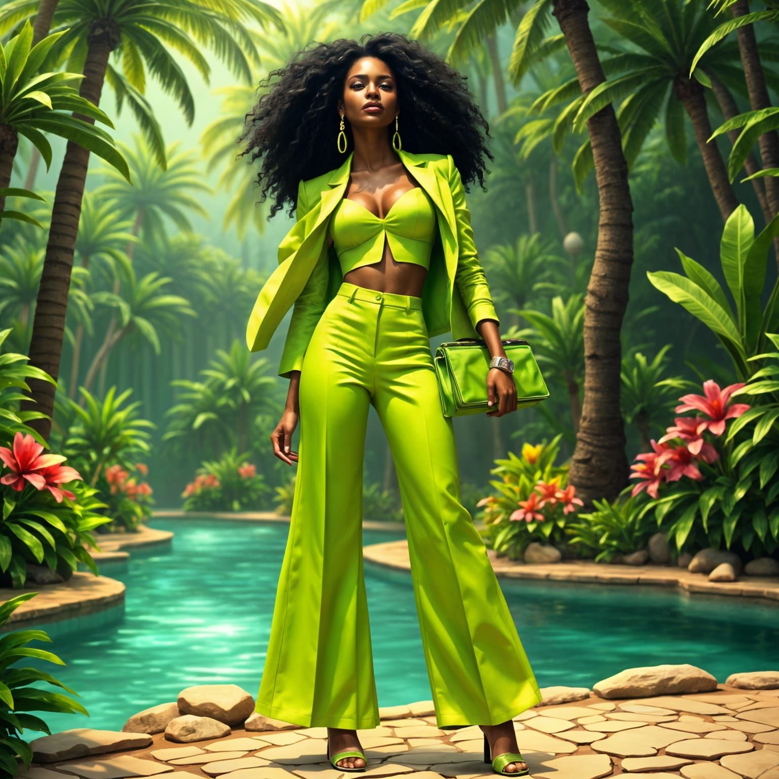 Lime Green Attitude: Elegant Woman in Vibrant Ensemble