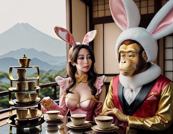 Rich Wife and Monkey Husband on Date in Tea House