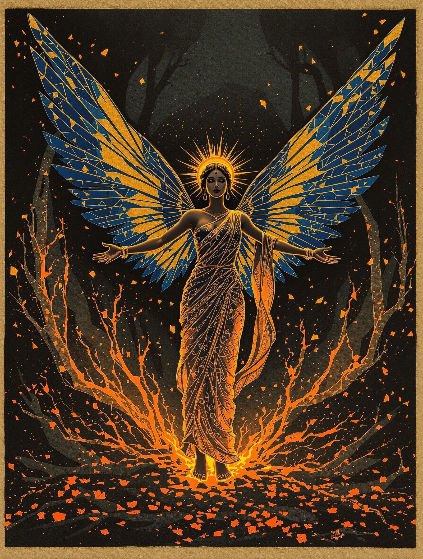 Golden South Asian Fairy Emerge from Burning Forest