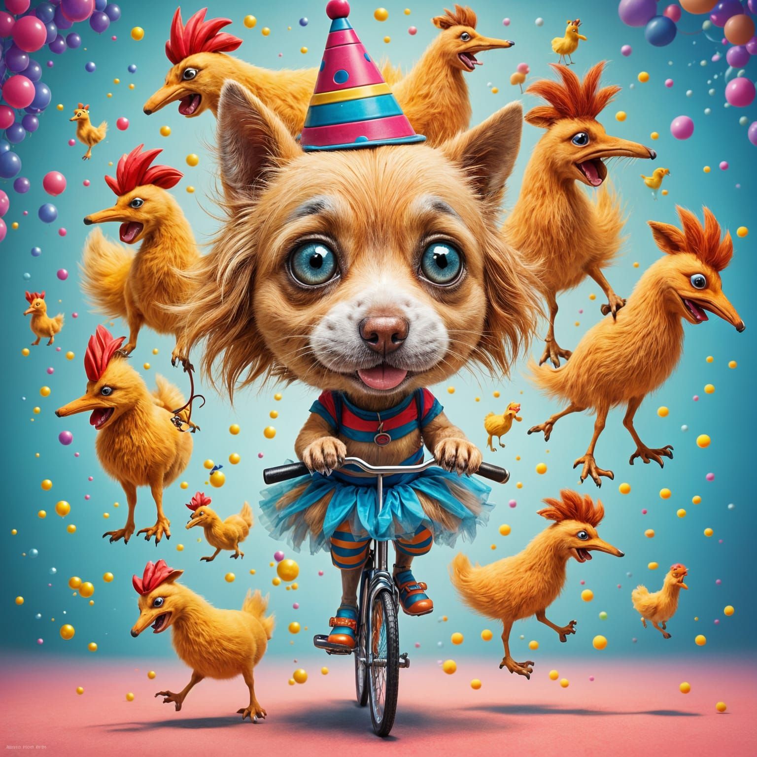 Quirky Dog Juggles Rubber Chickens in Zebra Punk Style