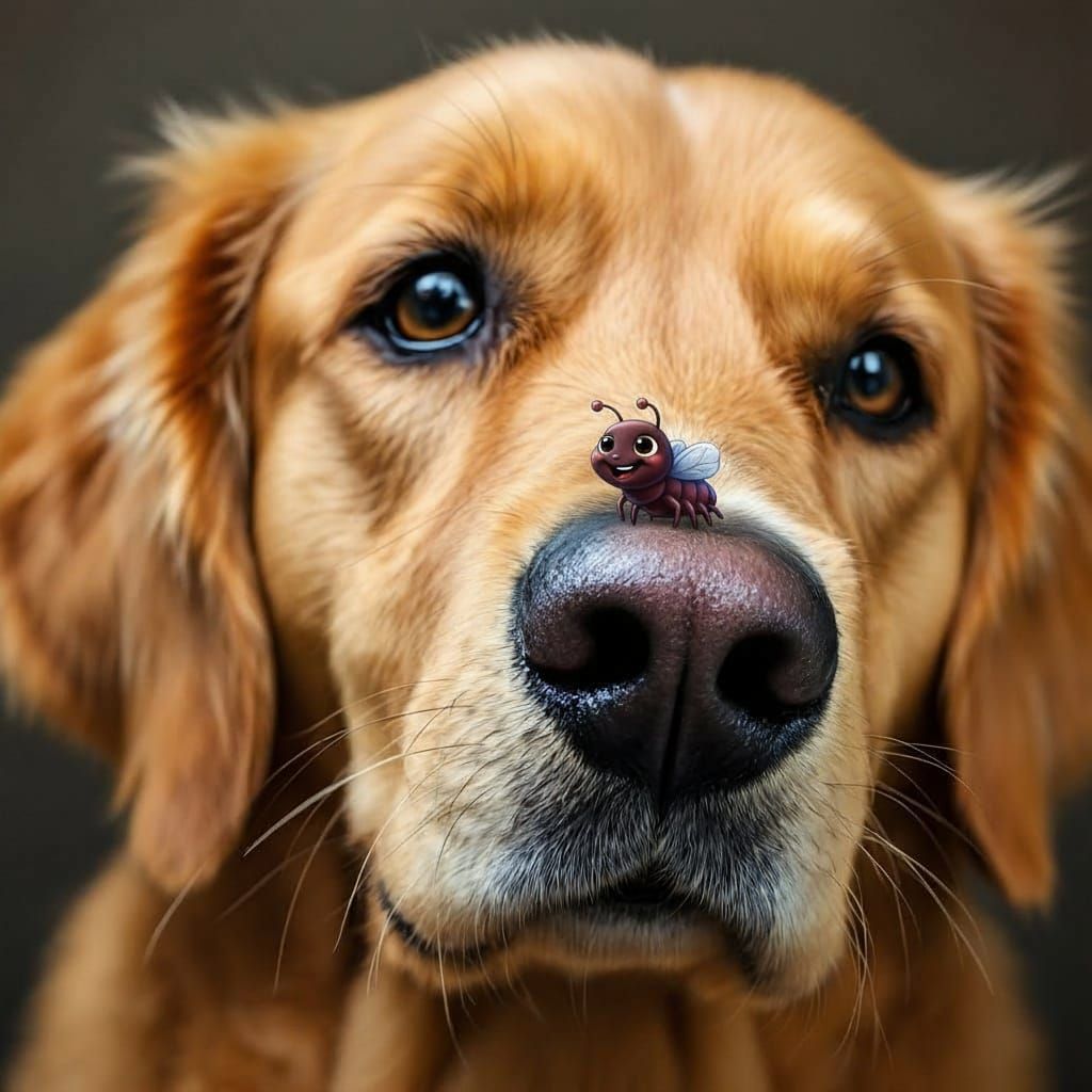 Golden Retriever with Cartoon Flea Portrait