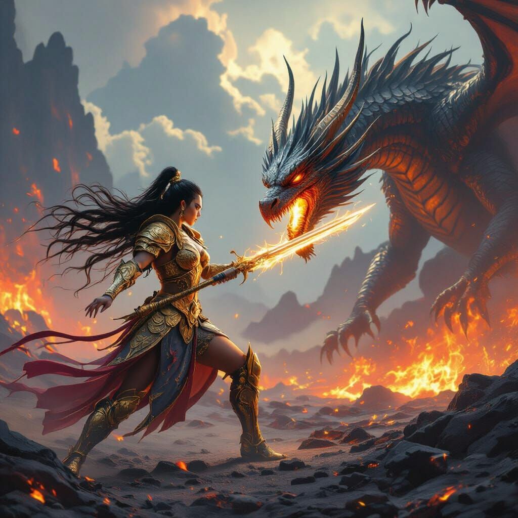 Filipina Warrior Battles Dragon in Golden Armor