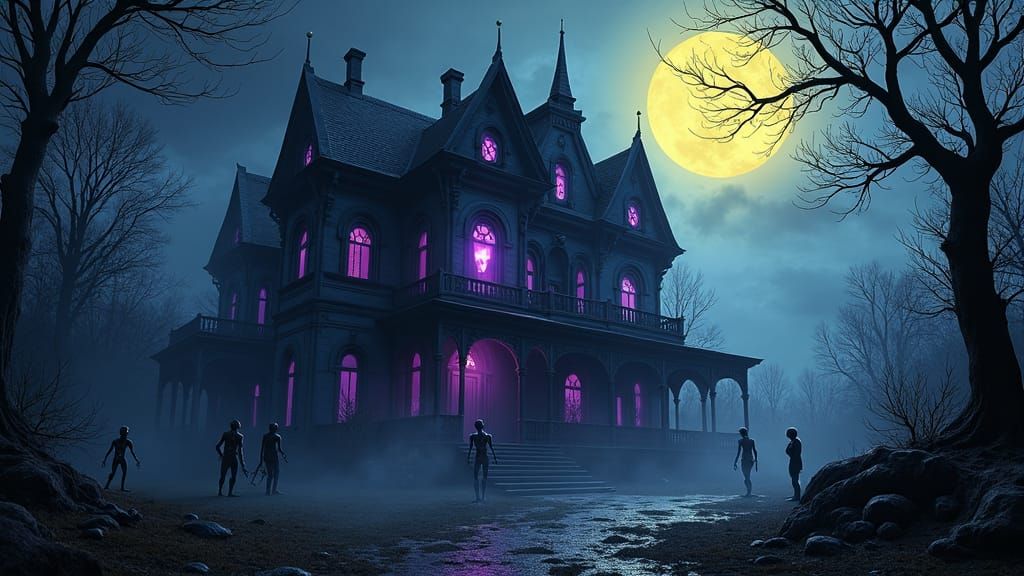 Haunted Mansion with Skeletons and Ghosts in Dark Fantasy