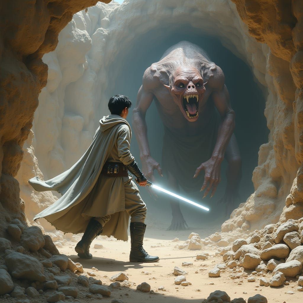 Lightsaber Duel in a Sandstone Cave, Hyperrealistic Digital ...